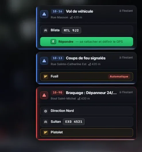 Trois appels de répartition à l'écran d'un policier : le code, la rue, la distance et ce que les témoins ont vu